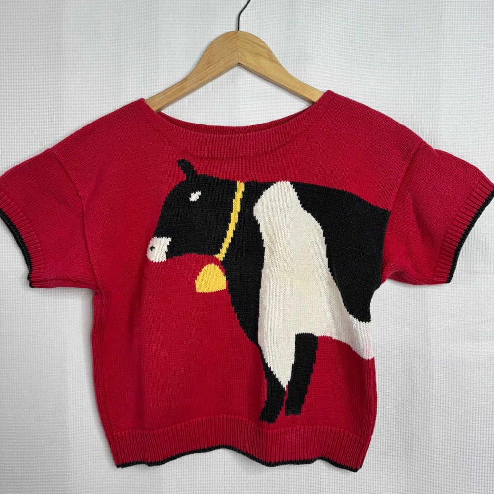 Vintage JG Hook 1980s Cow Graphic Knit Sweater Red Short Sleeve Cotton Medium